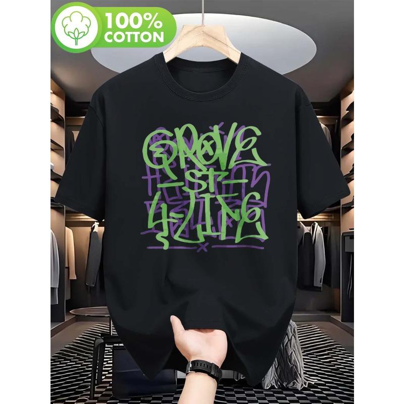 Men s Casual Streetwear Fashion Featuring a Black T-Shirt Adorned with a Green And Purple Graffiti-Style Print S чёрный