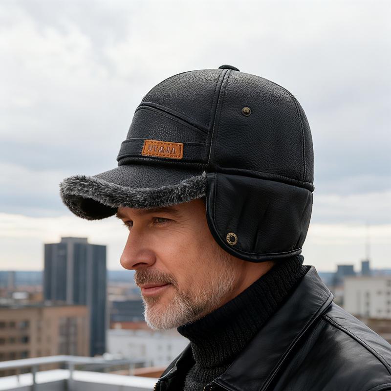 Férfi Őszi Téli Vastag Meleg Fülvédős Bőr Sapka Középkorú és Idős Pamut Sapka Apa Sapkája Hidegálló Sapka