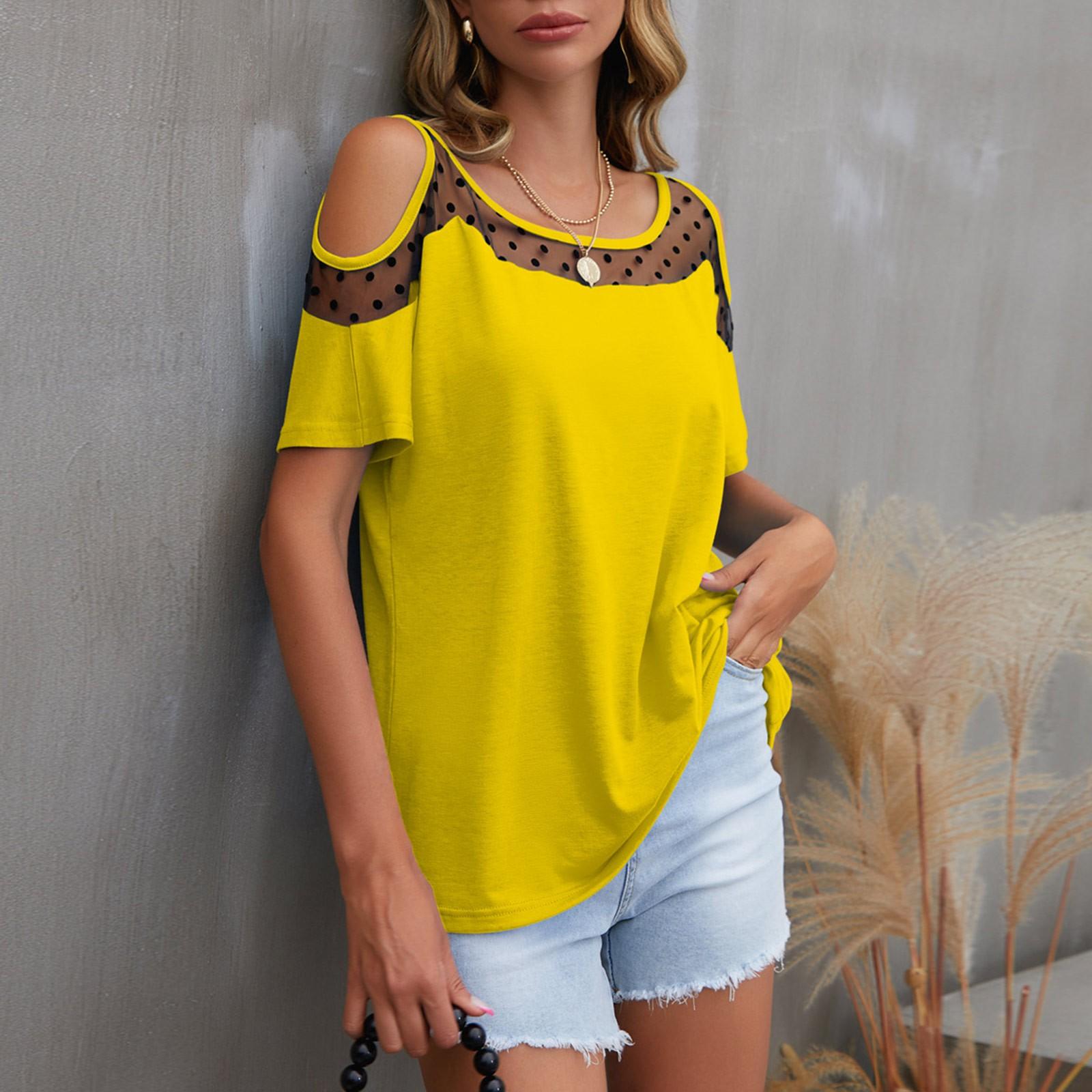 

Женская однотонная сетчатая футболка в горошек с открытыми плечами и круглым вырезом, свободная футболка с короткими рукавами для женщин XL жёлтый