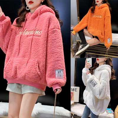 Autumn Winter Women New Thickened Loose-fit Hooded Pullover Embroidered Lamb Wool Sweatshirt Women's Medium-length Top