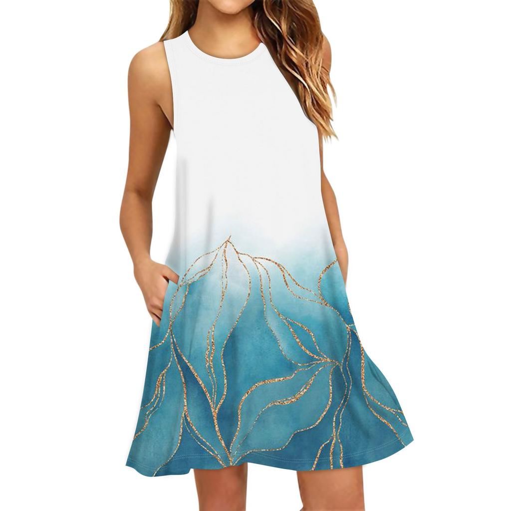 Women's Fashion Beach Dress Sleeveless Round Neck Floral Print Dress