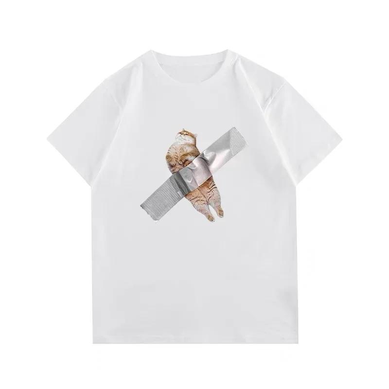 Funny Cat Print T-shirt Street Everyday Casual Top Humorous Short Sleeve Clothing for Women Cat Lover Women Clothing