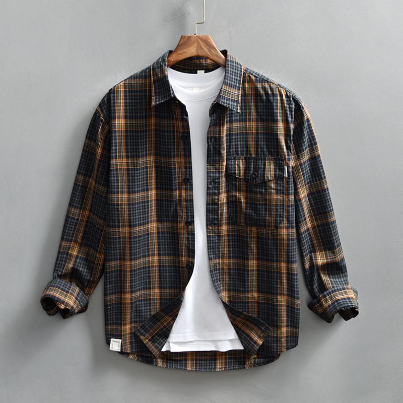 Men's Plaid Long Sleeve Button Up Shirt Casual Loose Fit Pocket Design Fashion Top for Daily Wear