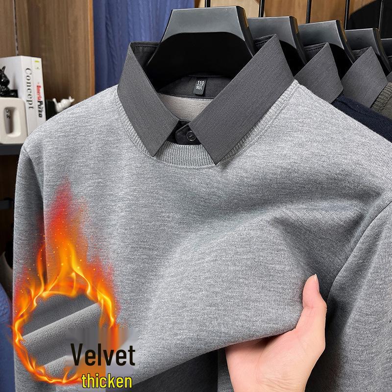 Men's Two-in-One Fleece-Lined Knit Sweater with Shirt Collar for Autumn/Winter