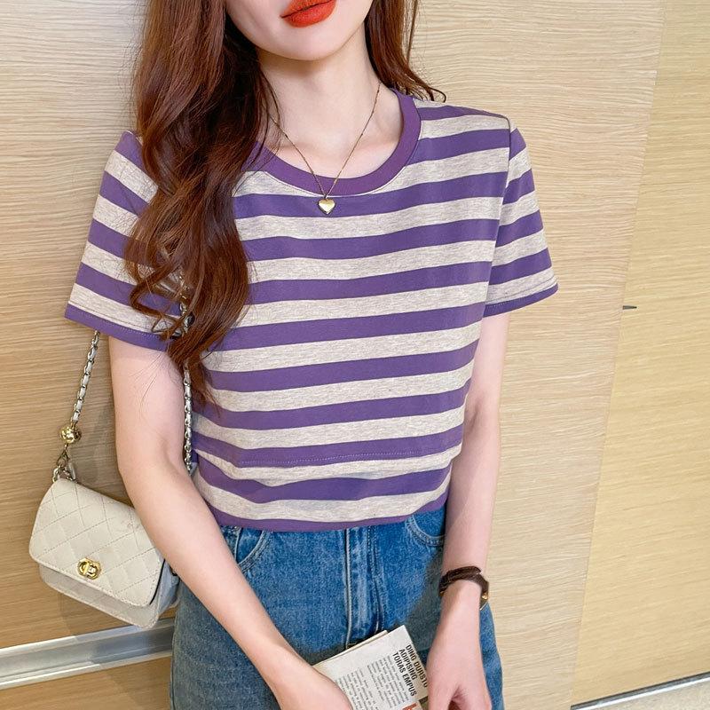 

New trendy maternity clothing for breastfeeding, versatile pure cotton T-shirt top, postpartum breastfeeding short sleeved striped jacket 2XL фіолетовий
