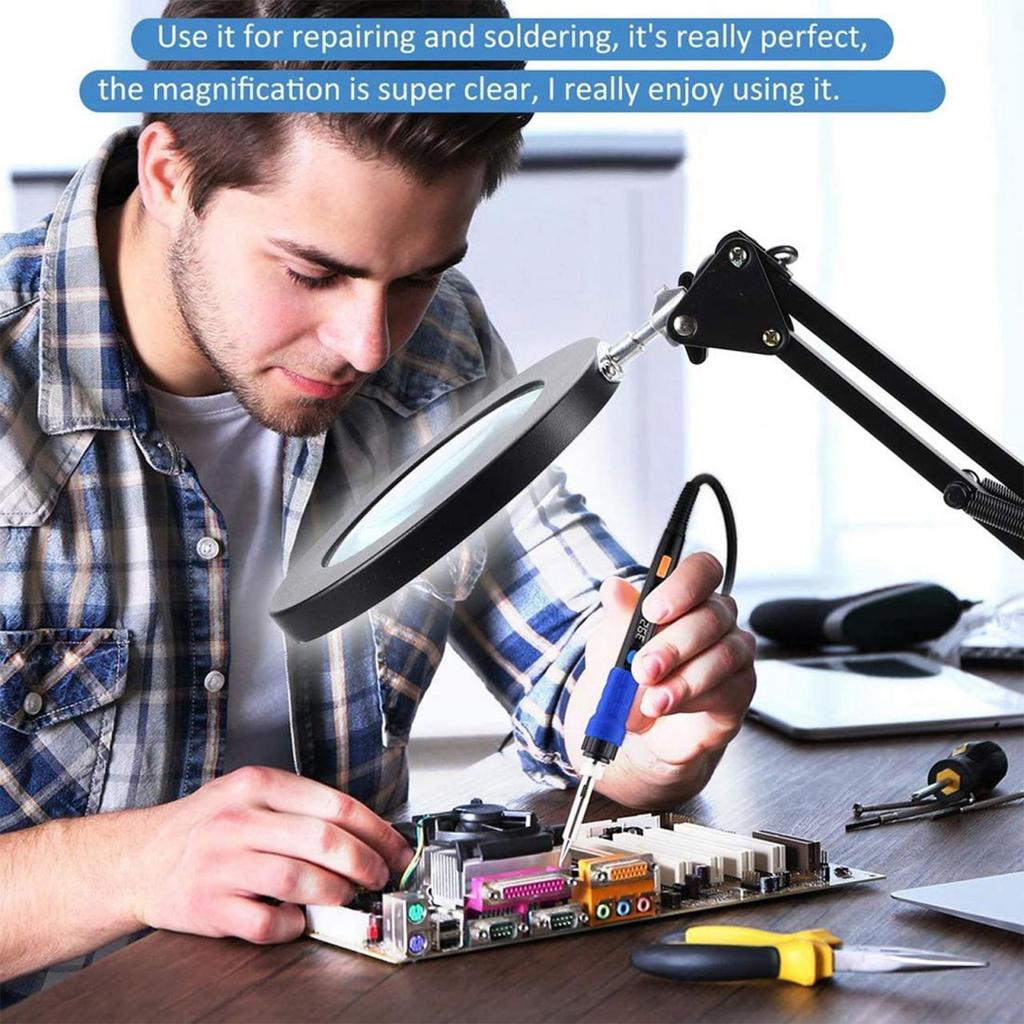 10X Magnifying Glass with LED Light Flexible Arm Brightness Adjustable 3 Colors Workbench Light with