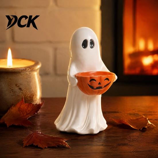 Halloween Table Decorations Resin Ghost Statue with Pumpkin Candy Bowl for Decor, Detailed Tabletop Figures Cute Desktop Organizer Living Room Bedroom