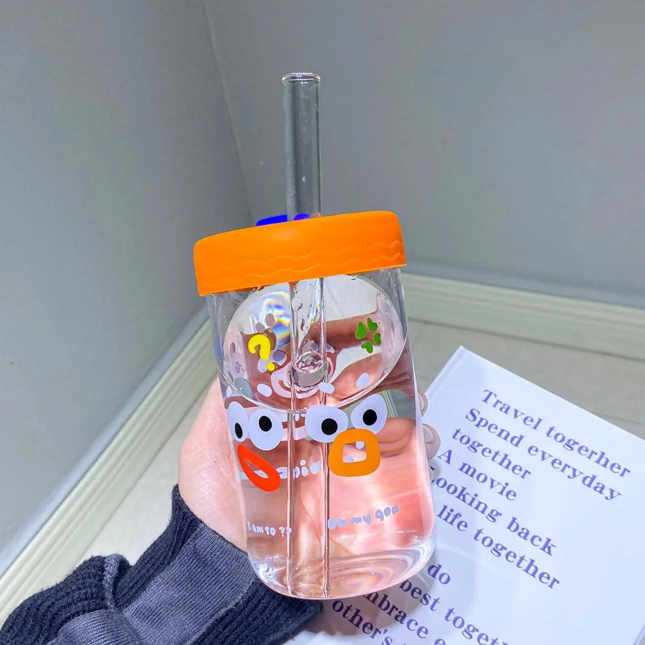 

550 мл милые кавайные стаканы с крышкой и соломинкой чашка для чая с пузырьками стеклянные стаканы для кофе кружка для сока банка для молока мокко стакан для воды посуда для напитков 550ML оранжевый