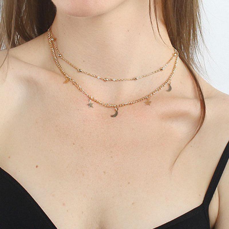 Einfache Doppelschicht-Choker-Halskette für Damen, modisch, kurze Anhänger, Mond, Stern, Schlüsselbein-Halskette, französischer Alltagsschmuck