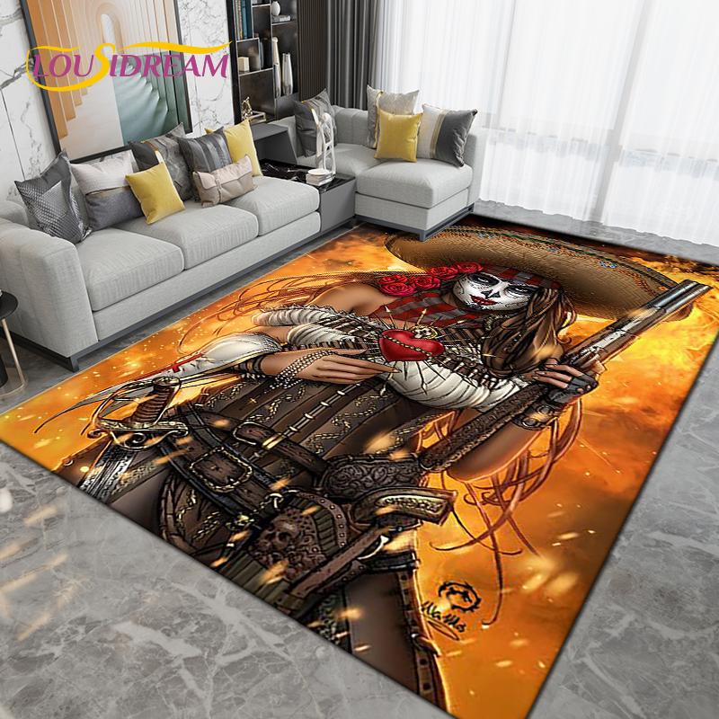 Cartoon Skull Girl Area Rug Large,Carpet Rug for Living Room Bedroom Sofa Decoration,Doormat Kitchen Bathroom Non-slip Floor Mat