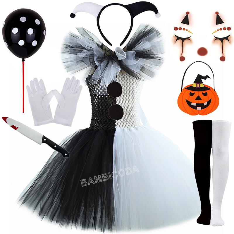 Das Clownskostüm Terrifier Art Girl Schwarz Weiß Ausgefallenes Tutu-Kleid Horror Joker Kleid für Mädchen Halloween Karnevalsparty Kostüme