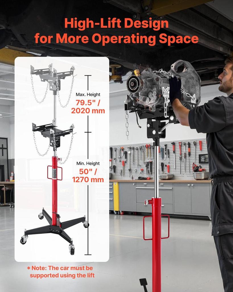 Hydraulic Transmission Jack, 1100 Lbs / 0.5 Ton Lifting Capacity Telescoping Transmission Jack with Foot Pedal, 360° Swivel Wheel, 127-202 Cm High