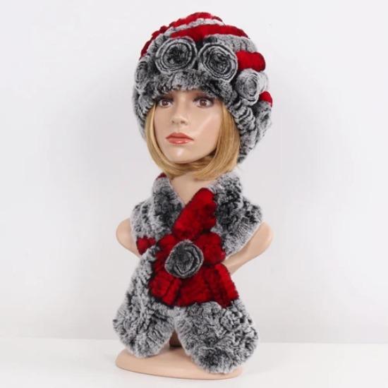 Hot Sale Lady Natural Fur Hats Scarves Sets Women Winter Knit Real Rex Rabbit Fur Hats Muffle 2 Pieces Real Fur Hat Scarf