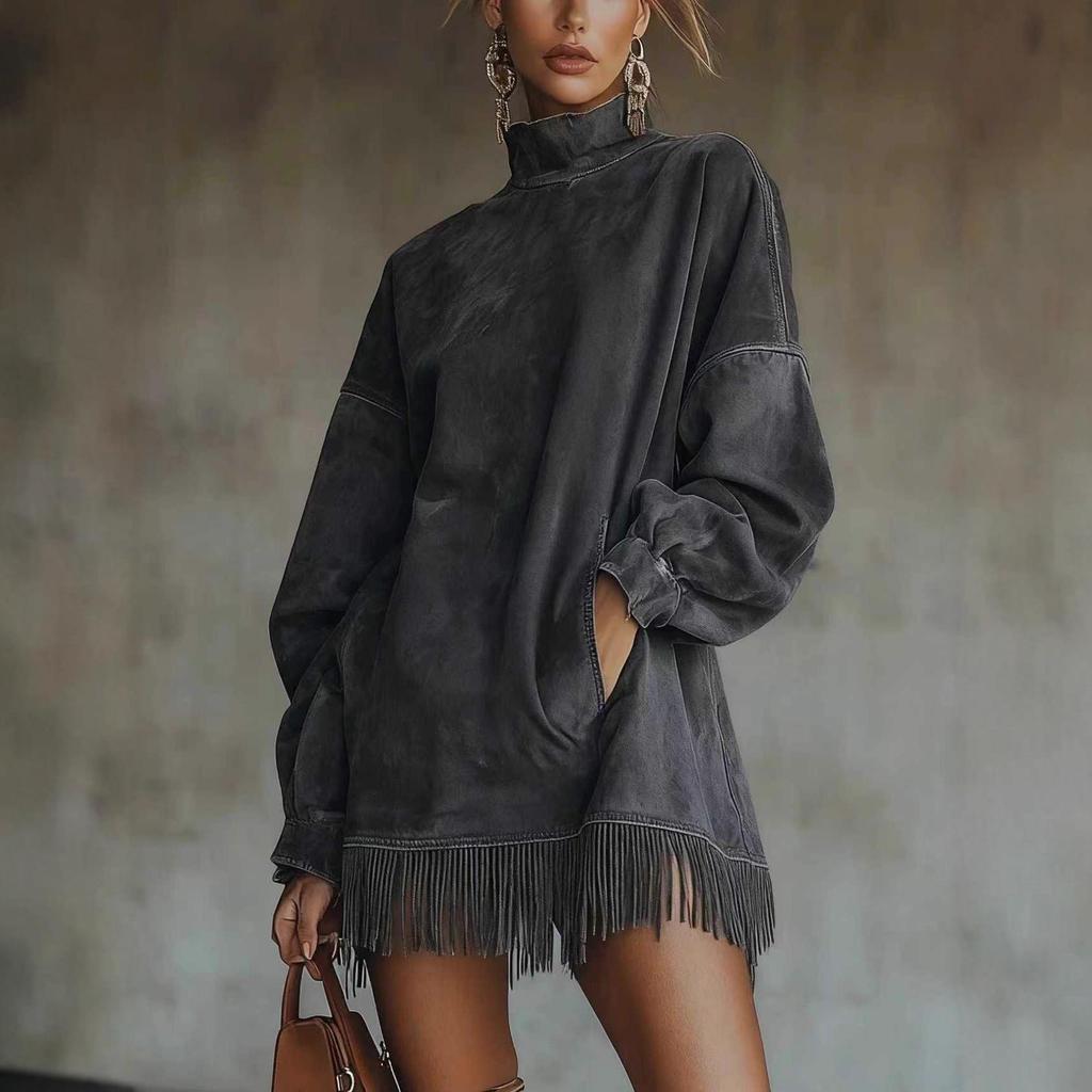 High Neck Suede Tassel Dress with Pockets