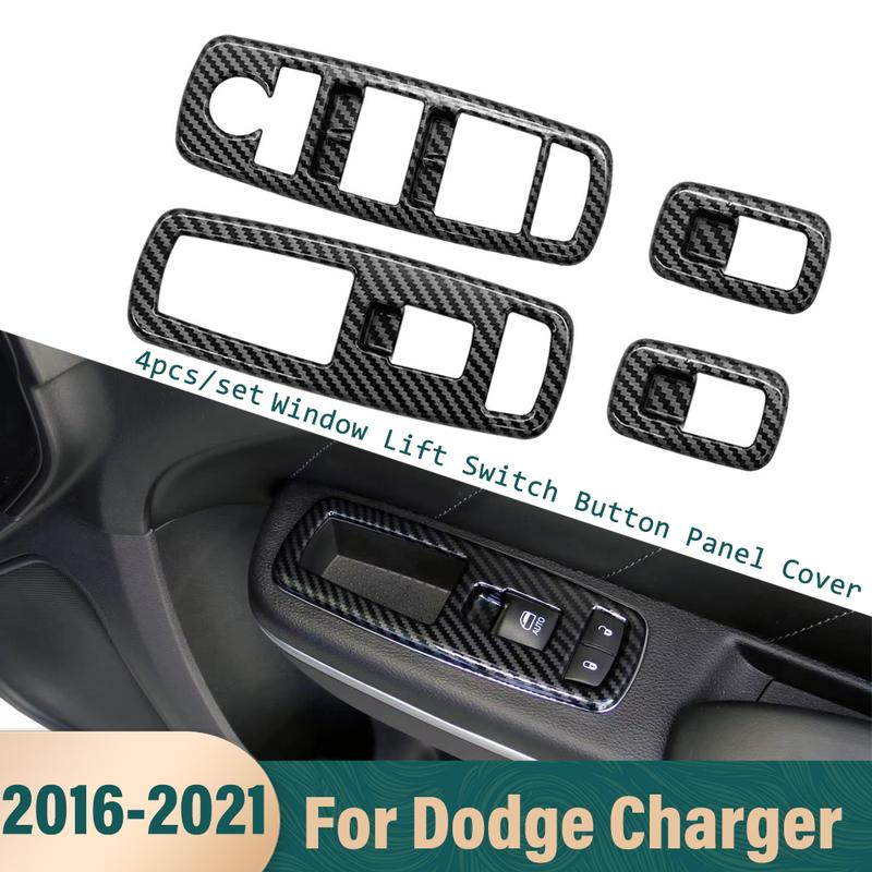 For Dodge Charger 2016-2021 Inner Window Lift Panel Trim Black Carbon Fiber ABS Decora Interior Window Switch Cover Trim 4pcs