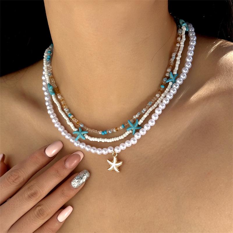 Bohemian Handmade Braided Beaded Seashell Starfish Pendant Clavicle Chain Necklace Women Beach Vacation Jewelry Accessories