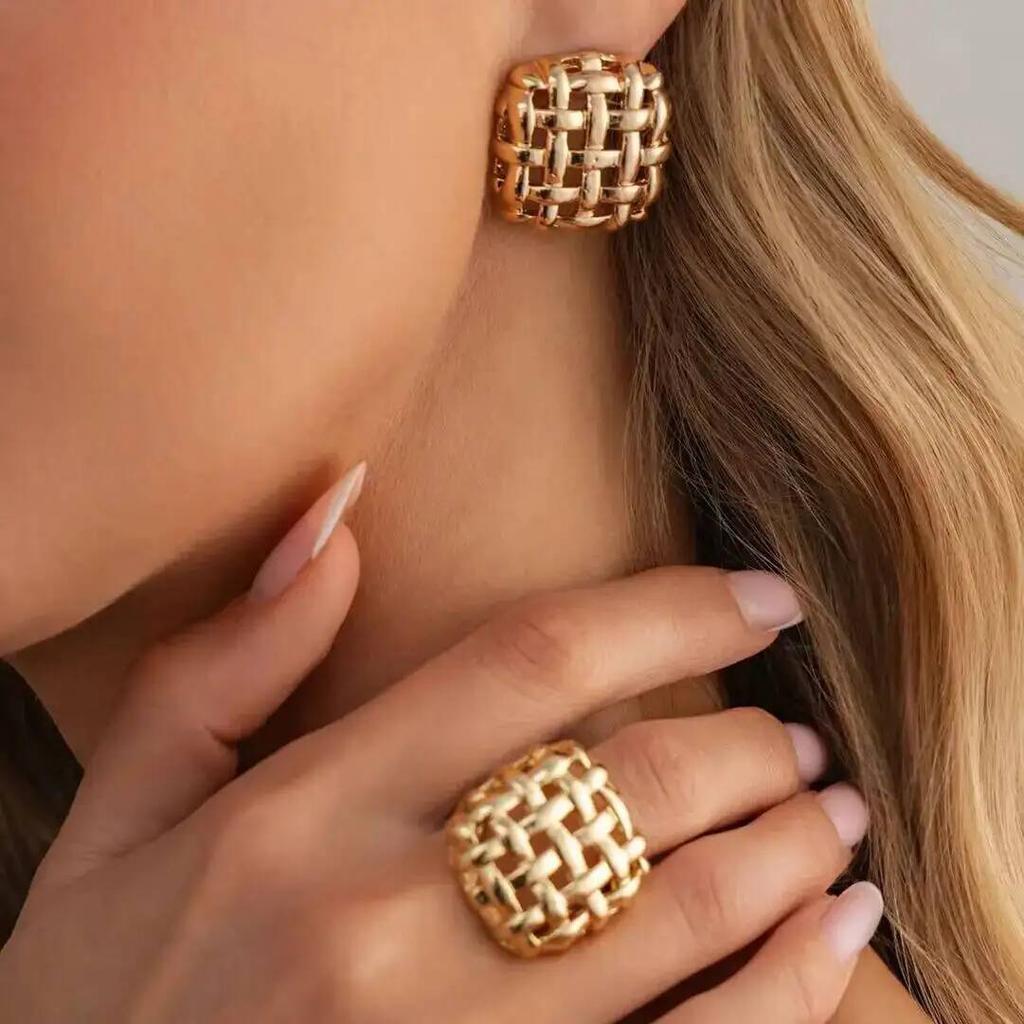 Salircon Retro Gold Color Irregular Chunky Opening Rings Stud Earrings Set Creative Trendy Geometric Knuckle Ring Charm Jewelry