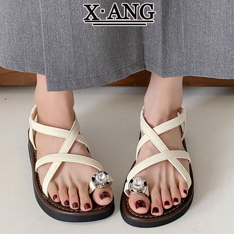 

Cowhide version soft-soled rhinestone cover-toed sandals women s summer wear with skirt holiday style flat-toed Roman women s shoes 40