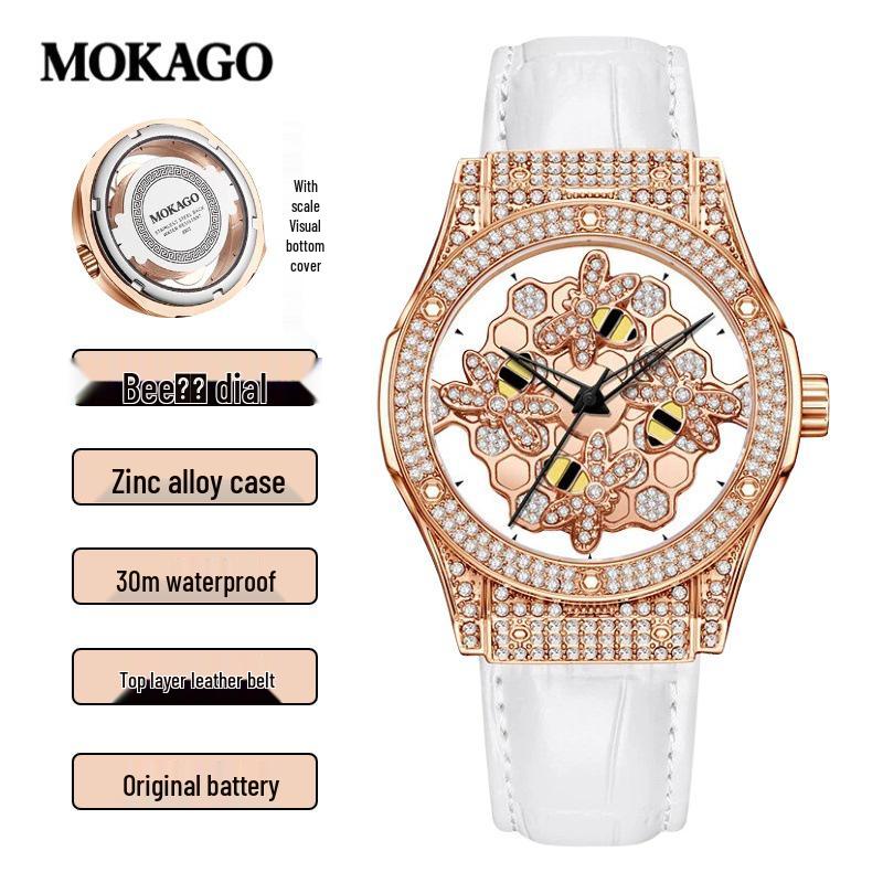 Mokaga High Fashion Waterproof Ladies  Quartz Watch with Rotating Bee and 3D Hollow Design
