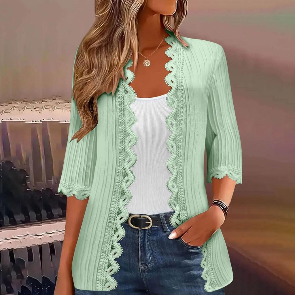 Women's Fashion Casual Seven Split Sleeve Solid Color Lace Cardigan Jacket