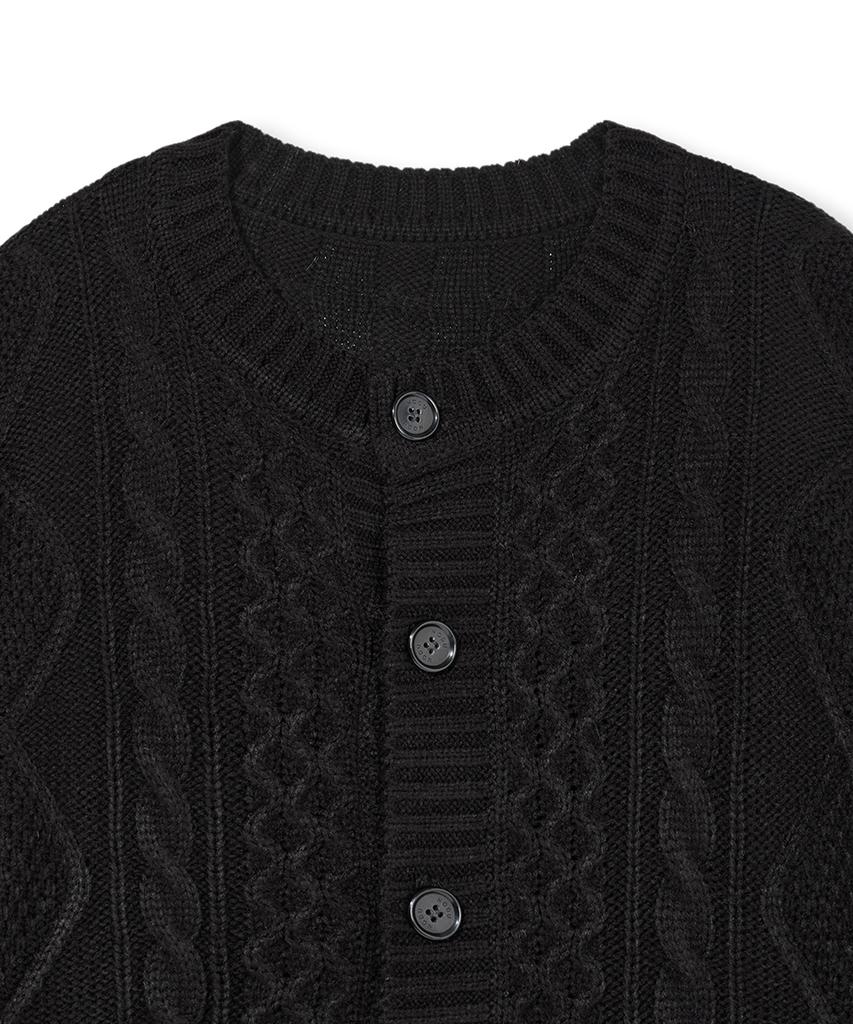 Nodu Fisherman Cable Round Neck Semi-Oversized Long Sleeve Knit Cable Knit Cardigan [Black]