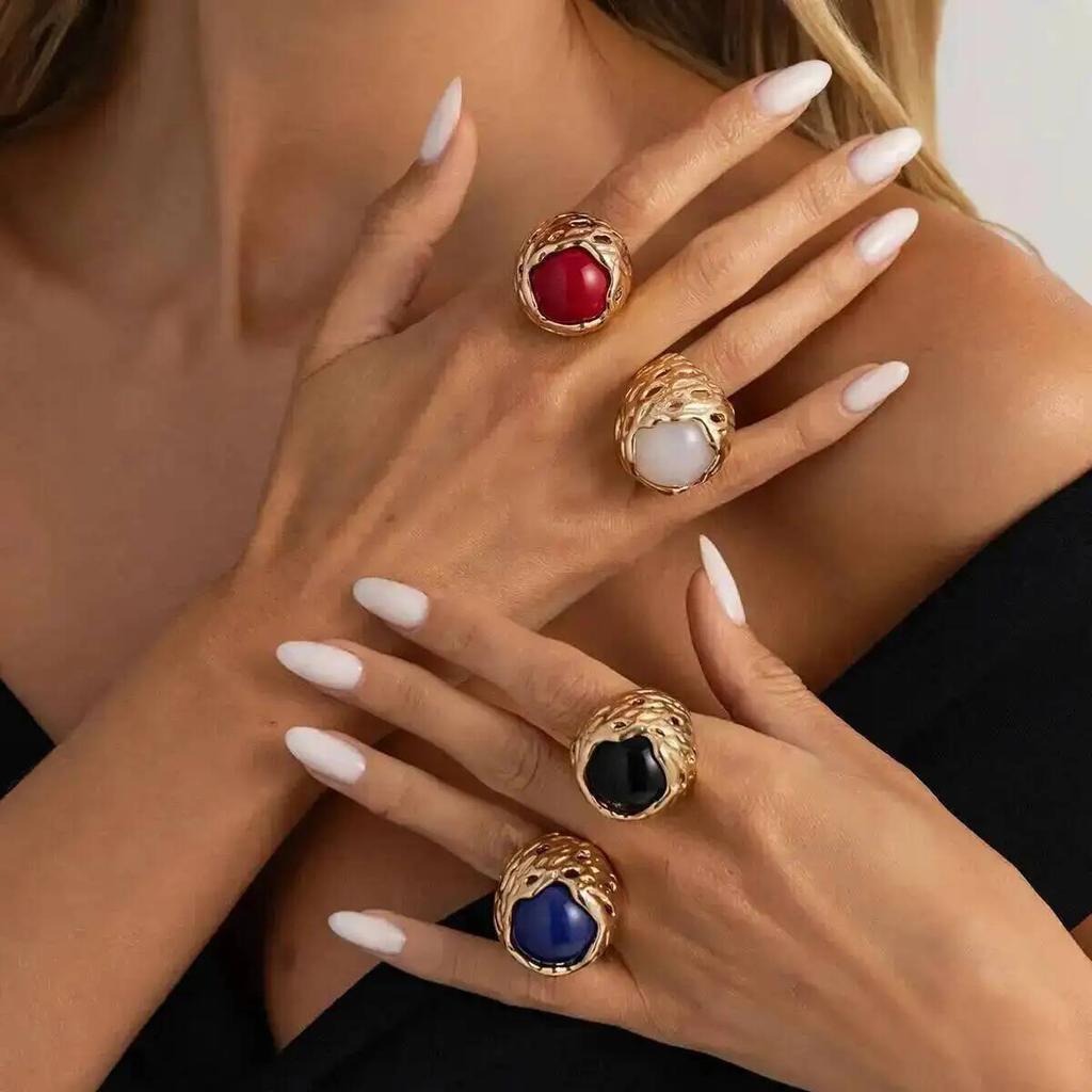 SHIXIN Vintage Hyperbole Irregular Metal  Inlaid Resin Thick Textured Round Rings Women Trendy Finger Aesthetics Jewelry Gifts