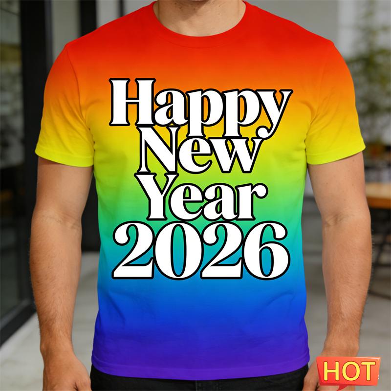 Simple Happy New Year 2026 Letters T Shirts For Men Fashion Crew Neck 3D Printed Short Sleeve Tshirts Loose Streetwear Tees