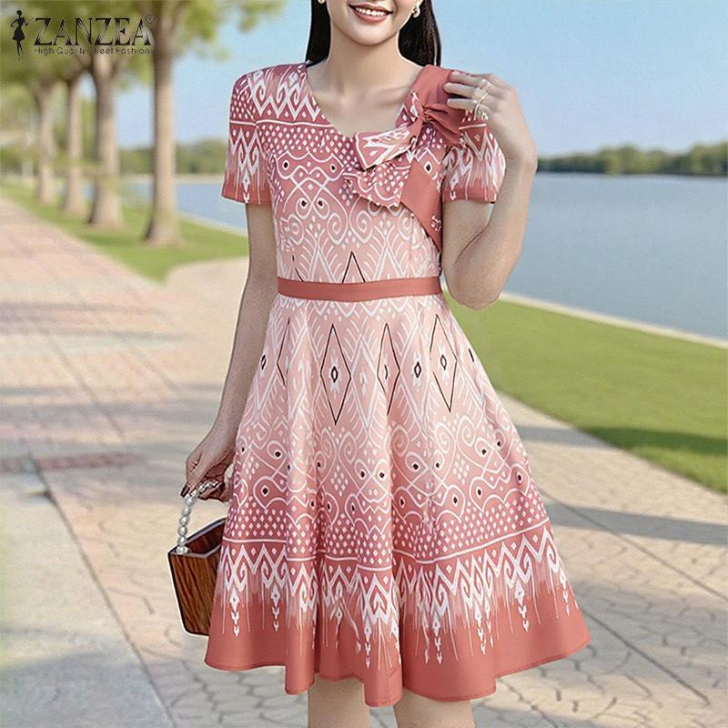 ZANZEA Kobiety Casualowy Letni Sukienka z Krótkim Rękawem i Nadrukiem z Dekoltem w Serek