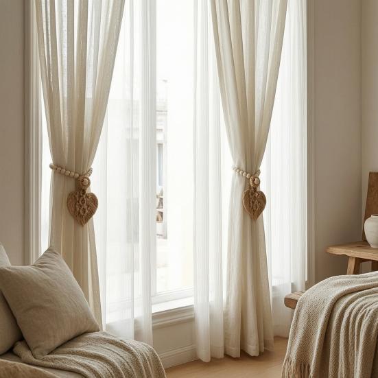 Functional Window Curtain Embellishments Braided Leaf Tieback, Boho Wooden Bead Holder, Textile Decorations Rustic Farmhouse Drapery Holdback