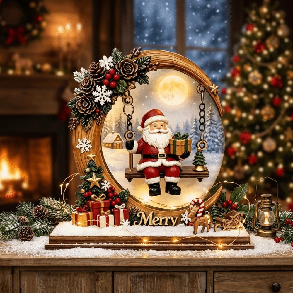 Moon Shape Christmas Ornaments Wooden Christmas Decoration Swing Santa Claus Decoration For Office