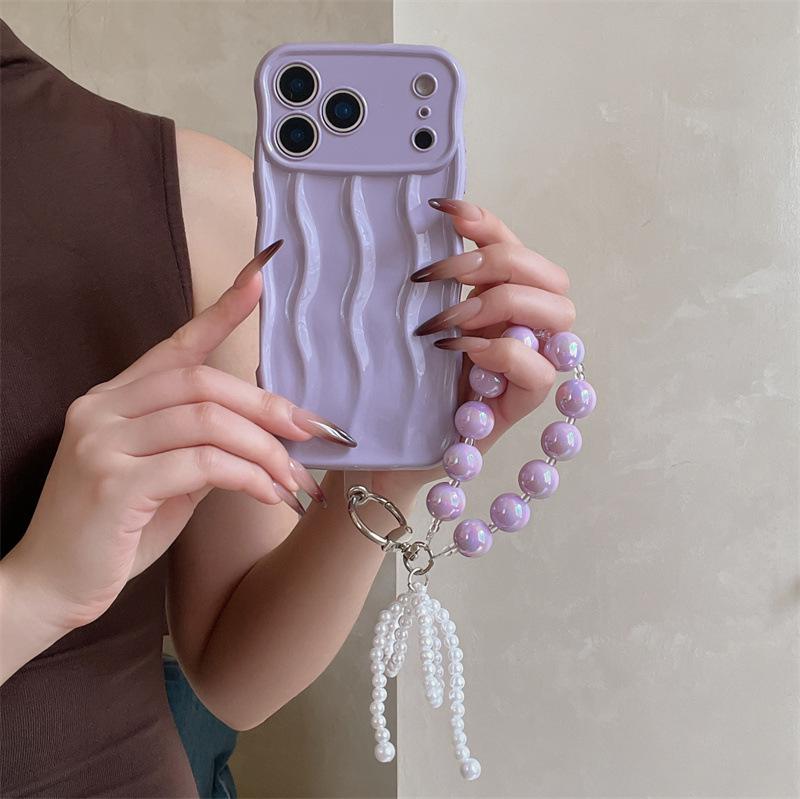 3D Wave Pattern Soft Shell Phone Case with Bracelet for iPhone 17 Pro Max/Apple 16 Solid Color
