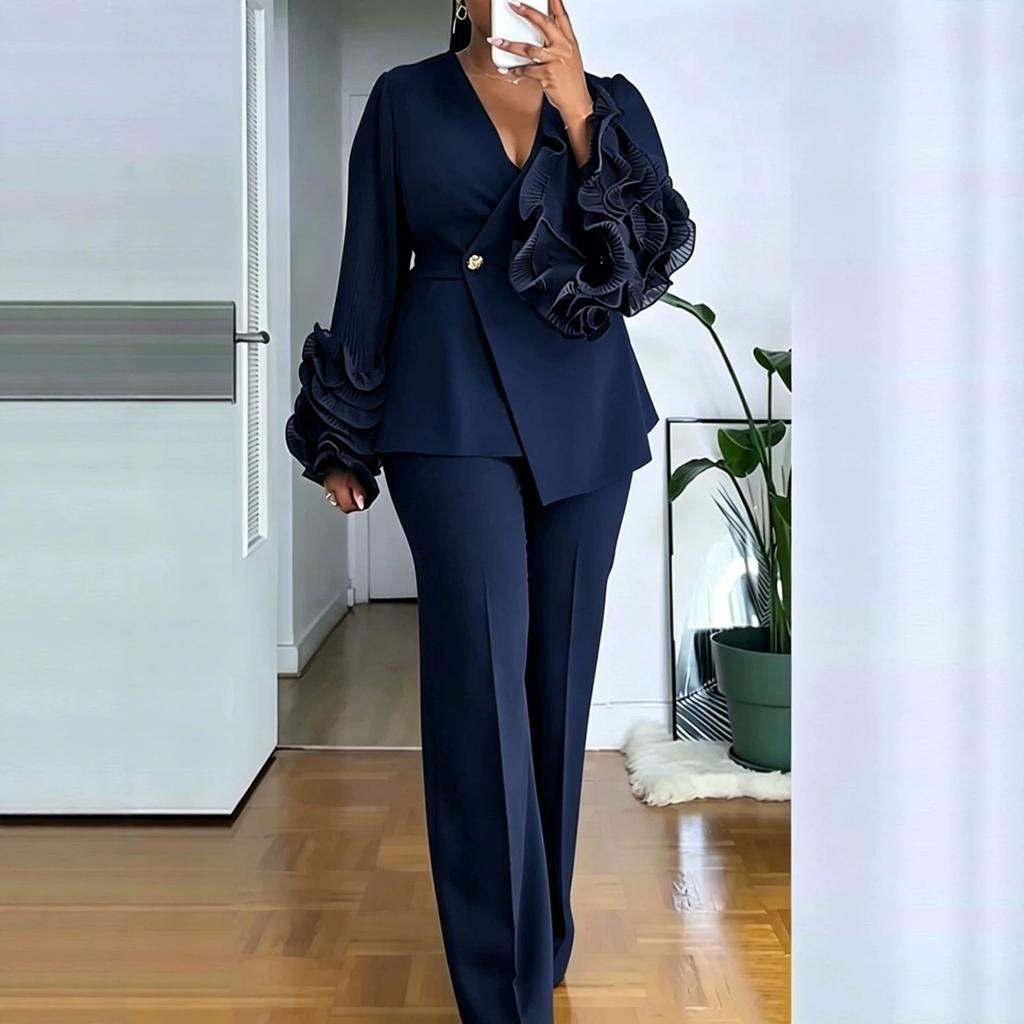 Women V Neck Asymmetric Blazer And Wide Leg Pants Set Elegant One Button Ruffle Sleeve Office Wear Tracksuit