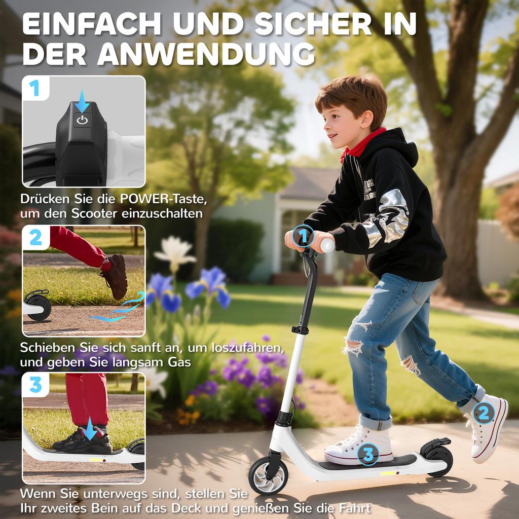 E-Scooter, Electric Kick Scooter, 6 Km Range, from 6 Years, Steel Frame, Black+White, 76 X 53 X 95cm