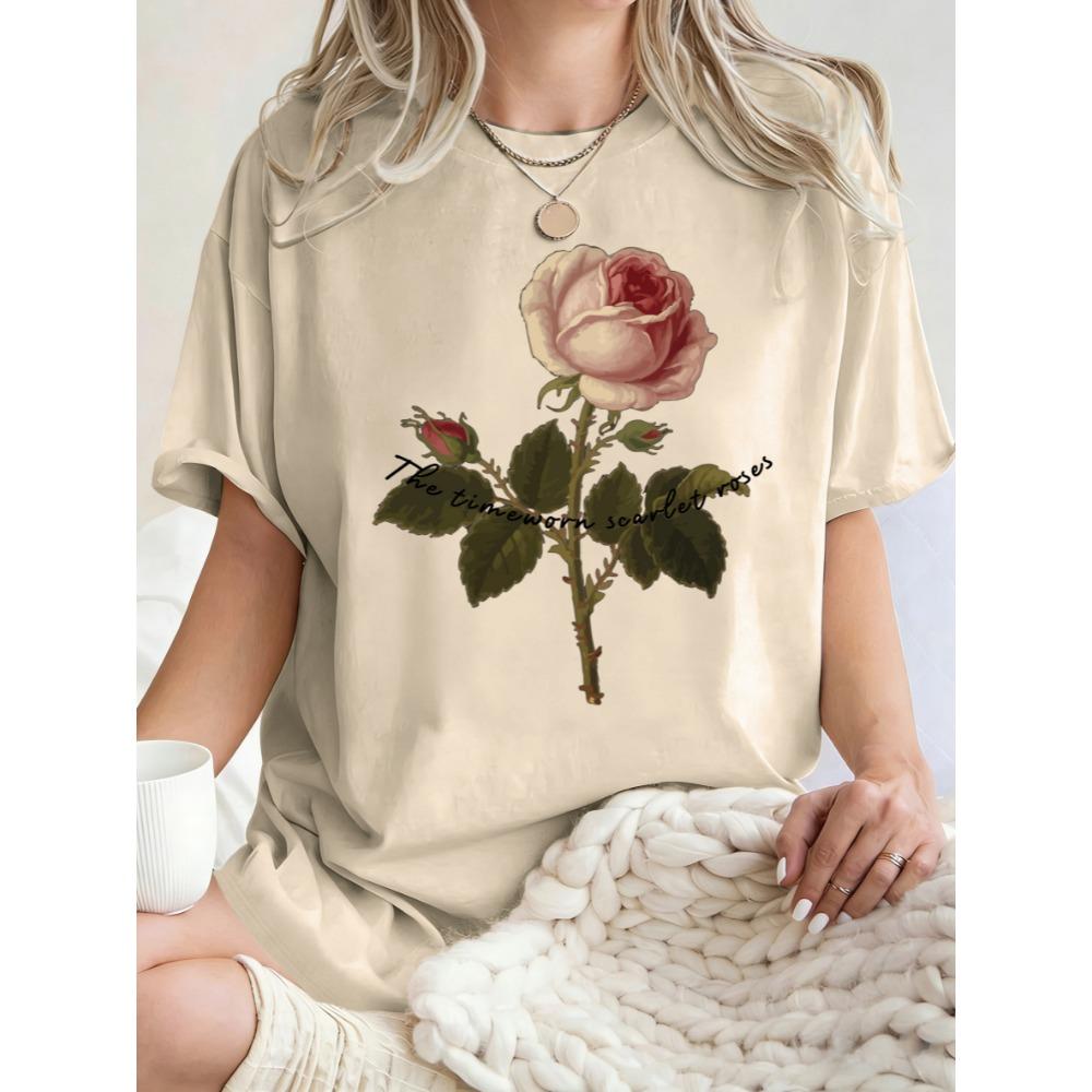 The Timeworn Scarlet Roses Design Women T-Shirt Casual Loose T Shirts Cotton Y2K Trendy Tops Comfortable Short Sleeve