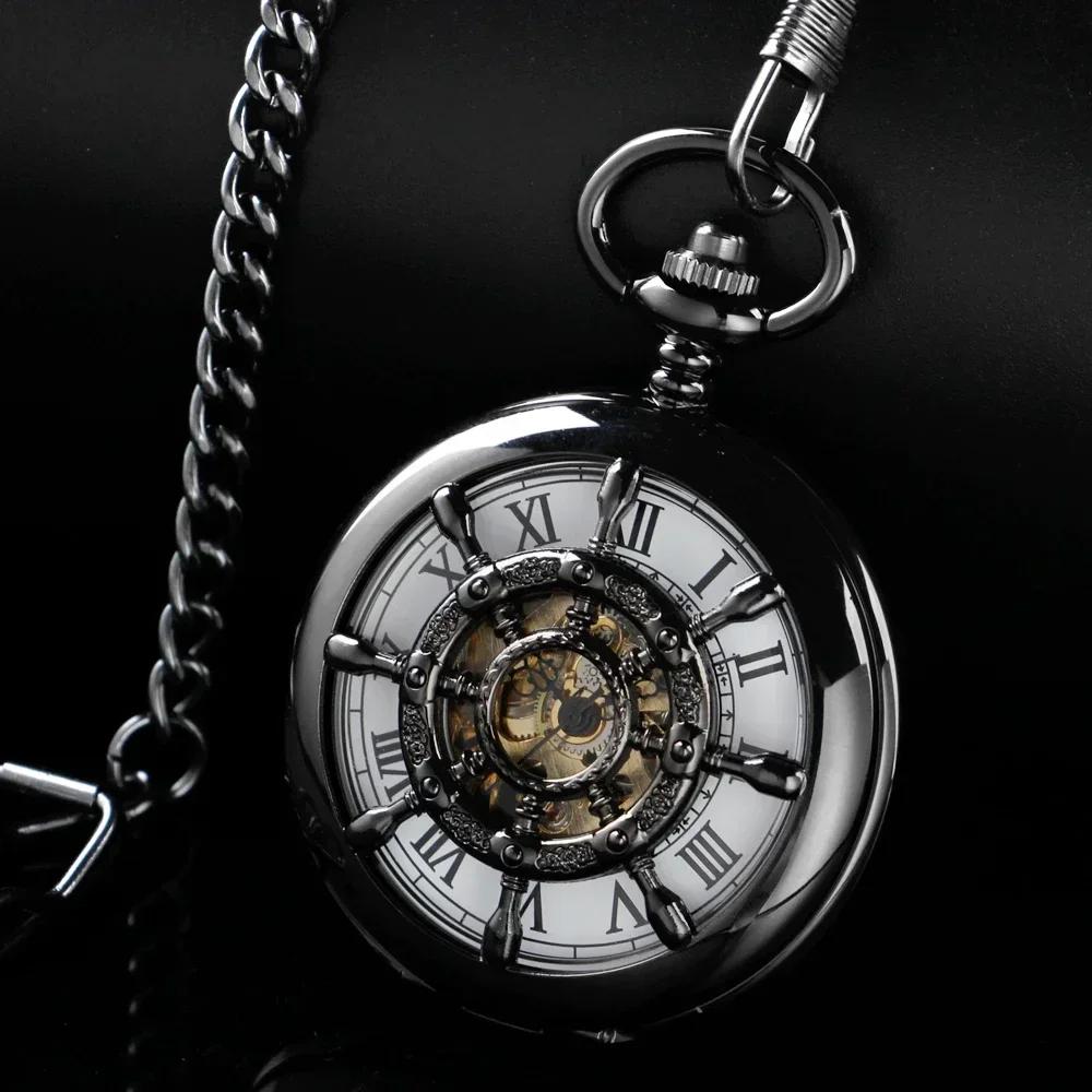 

PJX1612 Vintage Black Hollowed-Out Mechanical Manual Pocket Watch Gold Roman Digital Skull Dial Pendant Automatic Antique Clock чорний