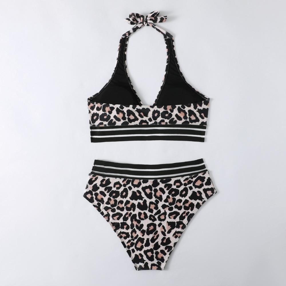 Evropské a americké duté bikiny dámské plavky s leopardím vzorem Sexy plavky s vysokým pasem