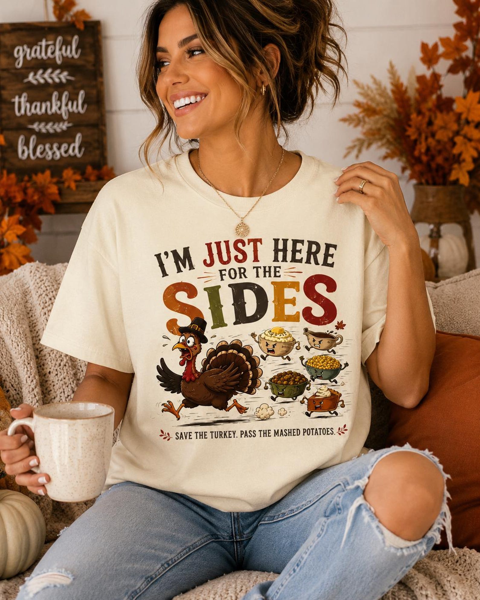 Funny Thanksgiving Shirt | Here For The Sides Turkey Tee | Fall Family Gathering Apparel L