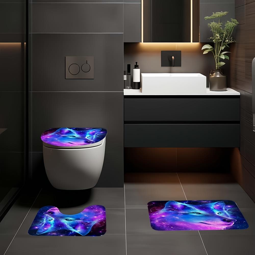 4Pcs Starry Wolf Pattern Shower Curtain Set with Non-Slip Bath Mat, Toilet Lid Cover, Contour Rug & 12 Hooks, Bathroom Decor