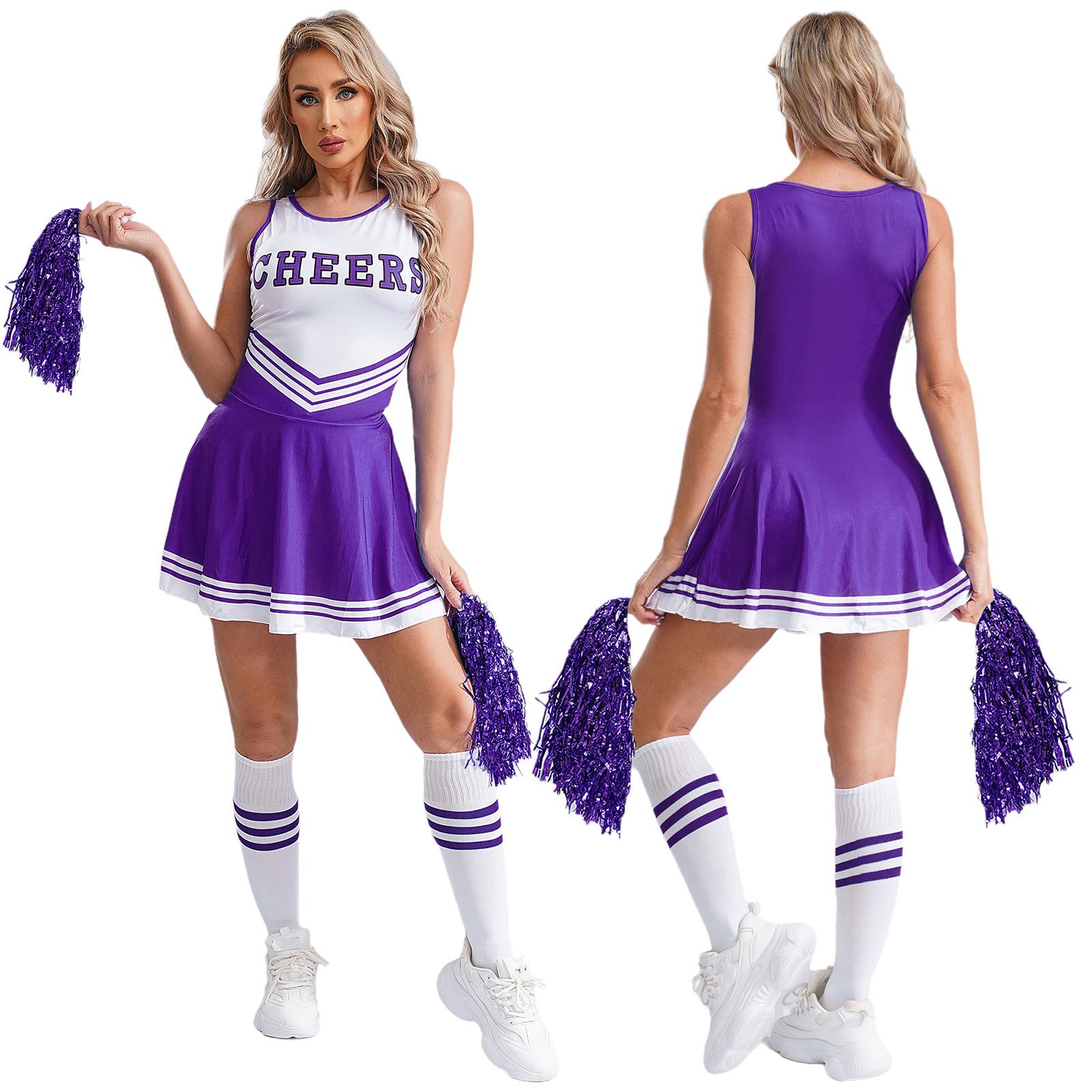 

Жіночий костюм для черлідінгу Уніформа для черлідингу для школярок Уніформа для лідера вболівальників Танцювальне вбрання для Хеллоуїна Сукня для косплею зі шкарпетками та веселою квіткою XL фіолетовий
