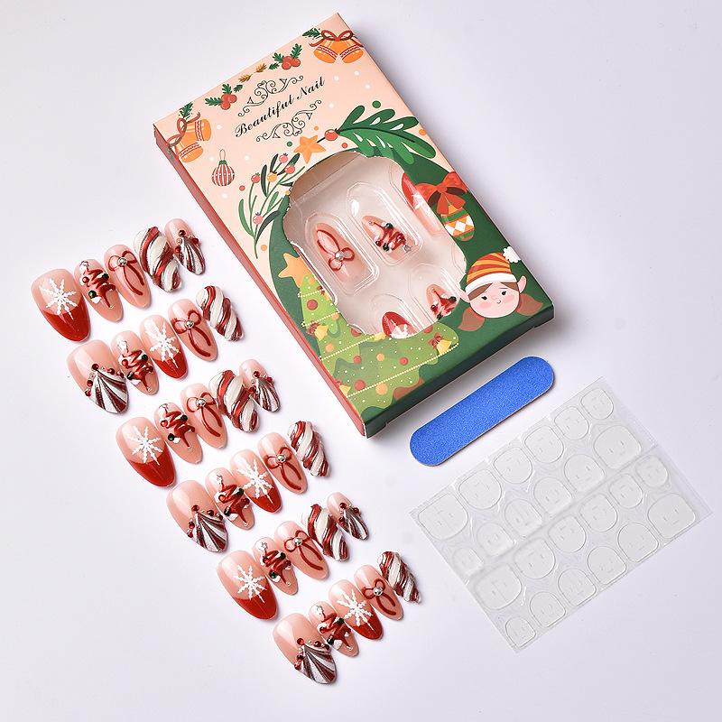 30 pieces of double gilt almond wearable nail high-end check bow diamond Christmas tree nail art