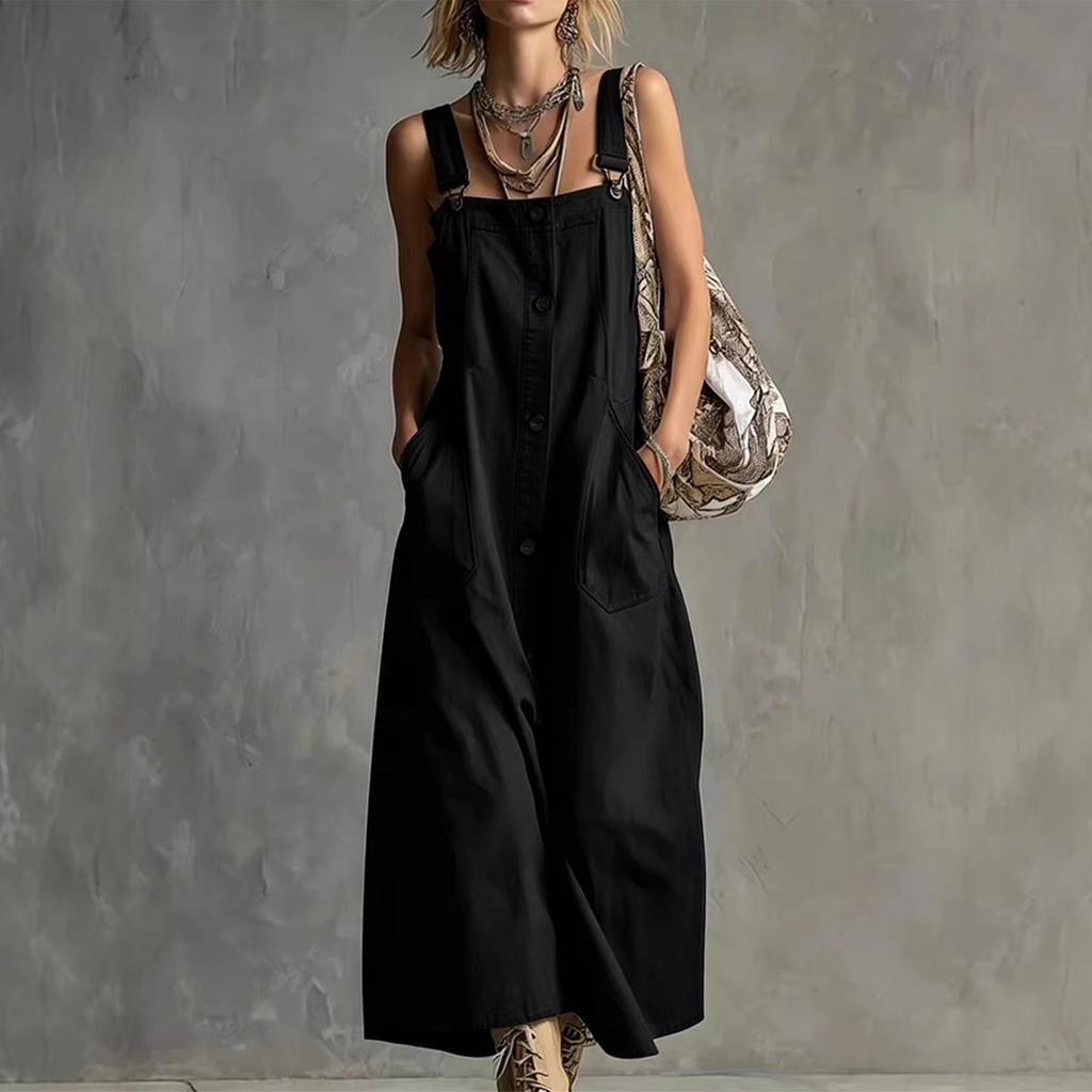 Women’s Sleeveless Button Front Overall Dress with Adjustable Straps and Large Patch Pockets Casual Loose Fit Long Skirt