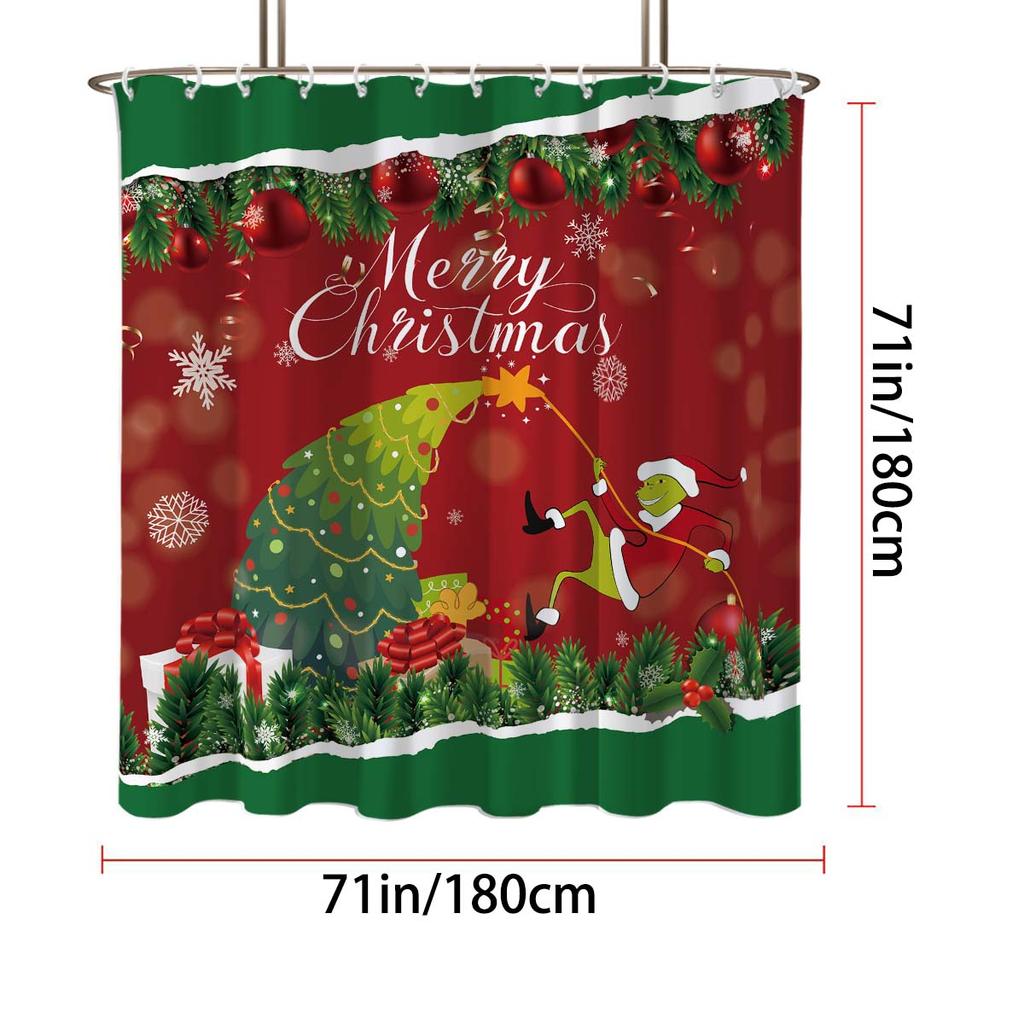 1pc Merry Christmas Print Waterproof Shower Partition Hanging Curtain with 12 Hooks Multiple Sizes Machine Washable