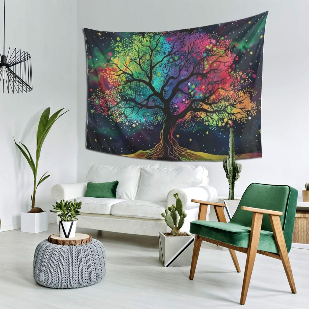 Vibrant Cosmic Tree Tapestry Rainbow Stars Transform Bedroom Living Room with Magical Art for Unique Decor