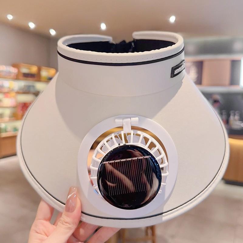 Dual Use Hollow Top Cooling Fan Hat, Oversized Brim Candy Color Sun Hat, Windy Outdoor Travel Visor Cap for Men Women