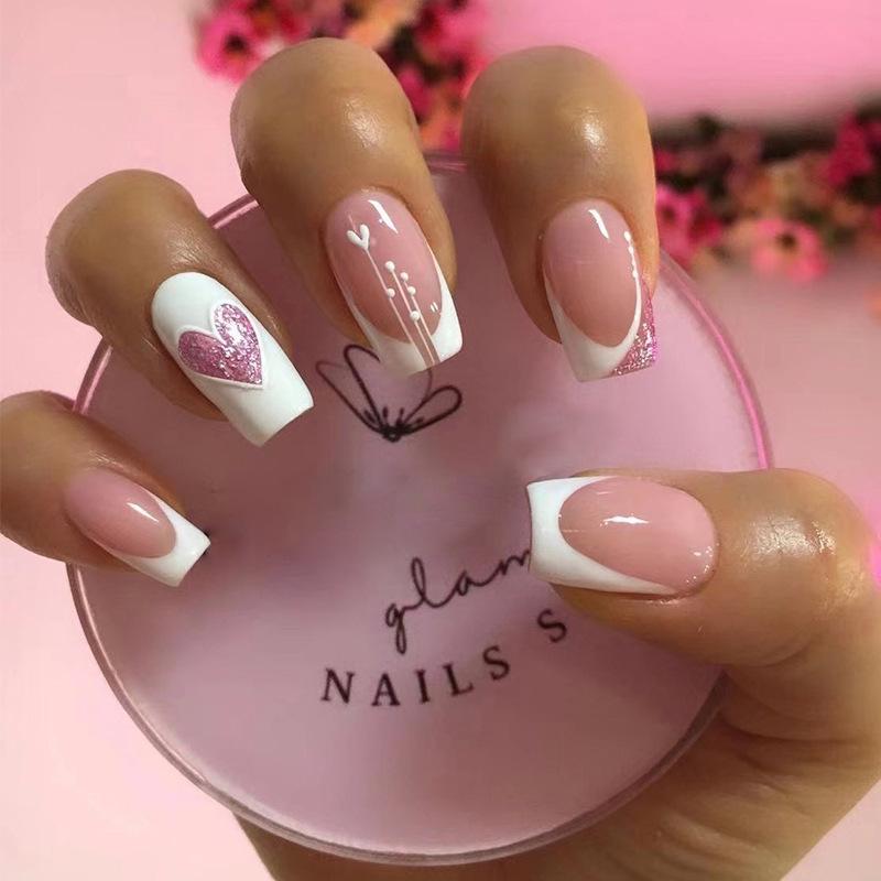 Valentine s Day French Style Medium-Long Wearable Nails – White Edge with Heart Glitter