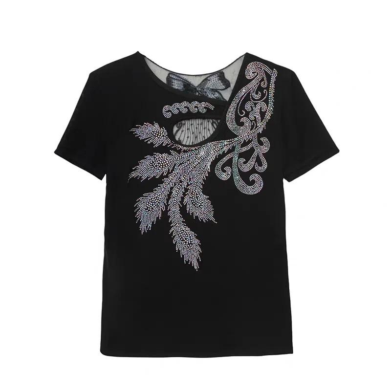Summer Women's Short Sleeved T-Shirt Fashion Sexy Hollow Out Luxury Hot Diamonds Flower Tees Casual Brand Tops