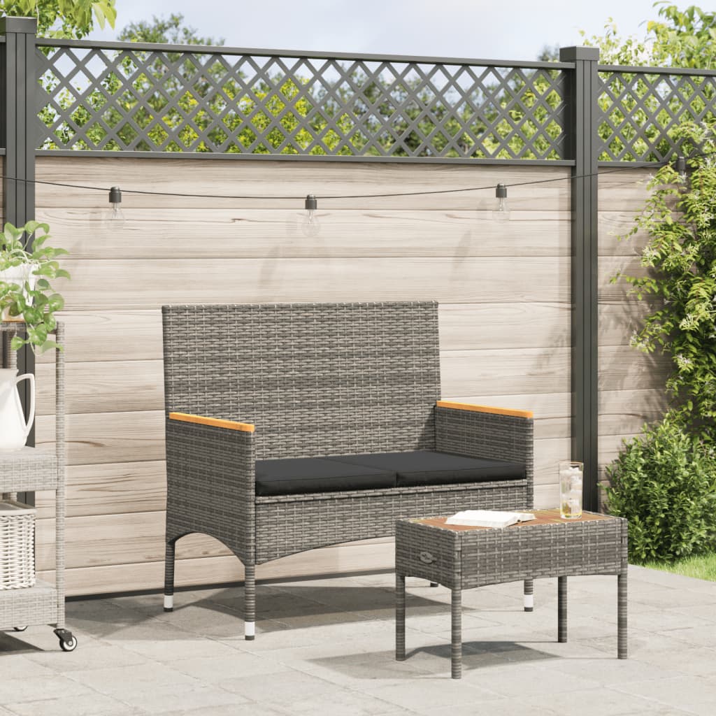 2 Seater Garden Bench with Cushions and Table Grey Poly Rattan