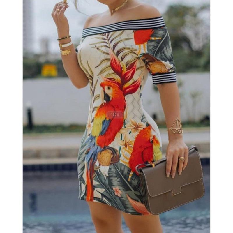 Women Clothing Off-shoulder Print Slim Fit Sexy Maxi Dress