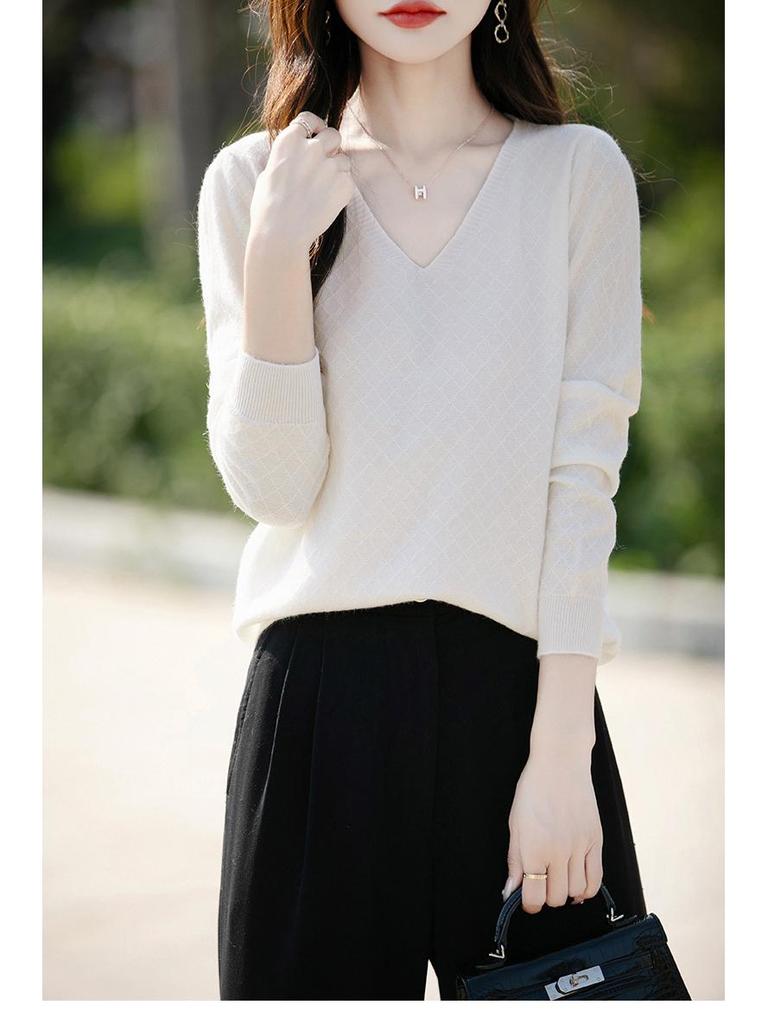Autumn 2024 Women's Knitted V-Neck Sweater - Long-Sleeved Velvet Prismatic Korean Style