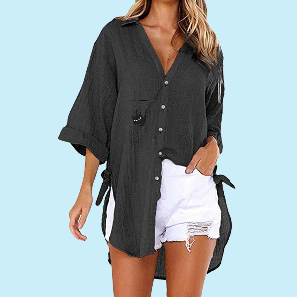 Damenmode Katzendruck-Shirt Sommer- und Herbstmode Halbarm Button-Down-T-Shirt Damen Casual V-Ausschnitt Top Lose Lange Blusen